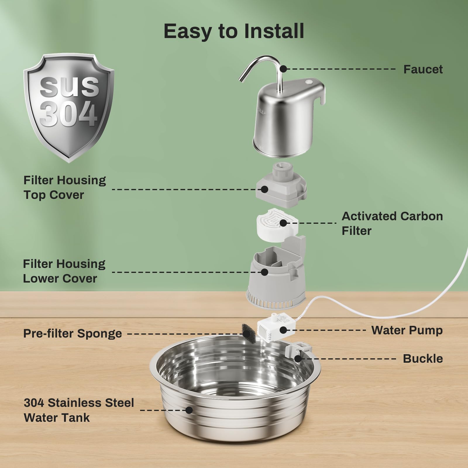 EZMioo cat water fountain four stage filtration removes impurities and odors.