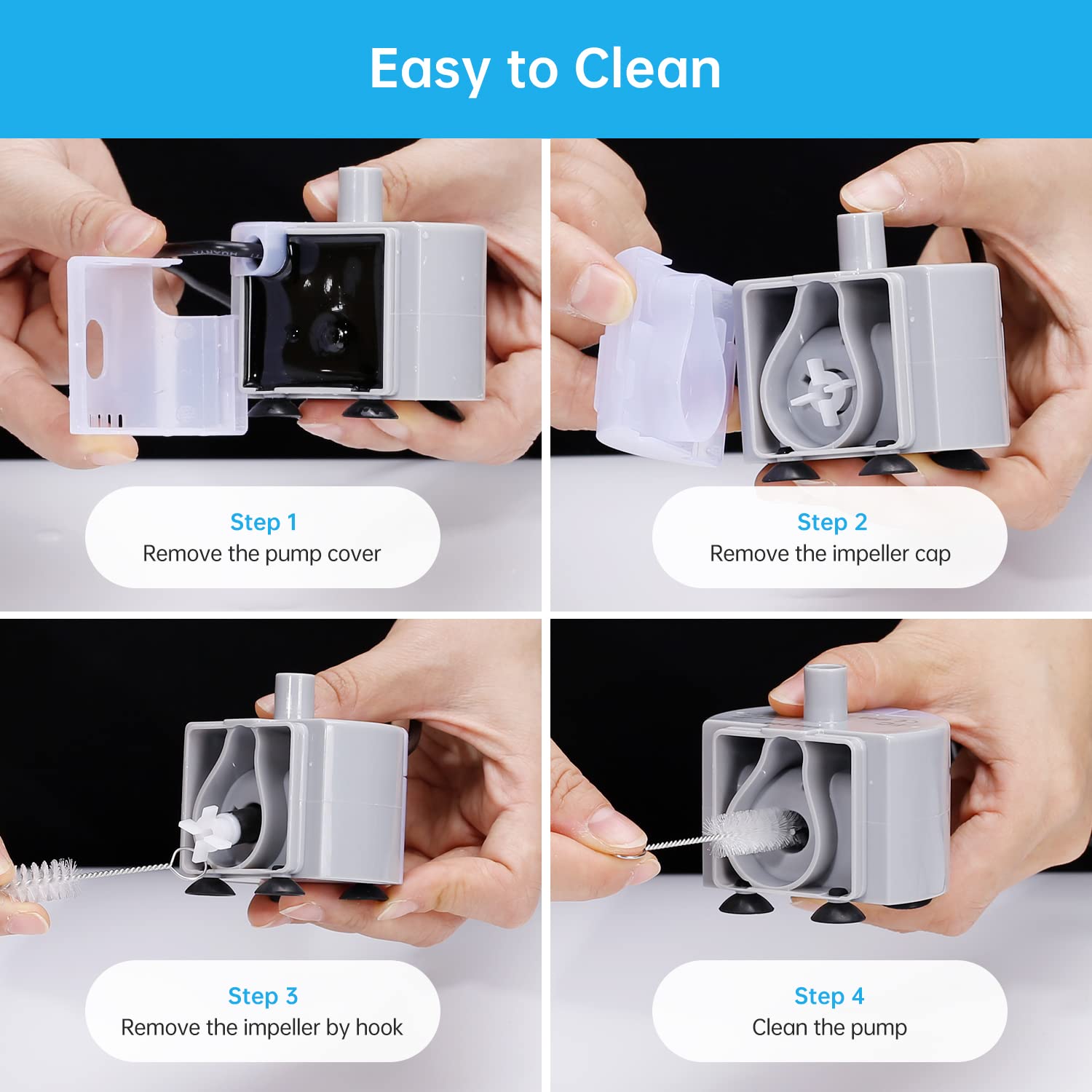 EZMioo pet fountain pump easy disassembly enables quick part swaps and cleaning.