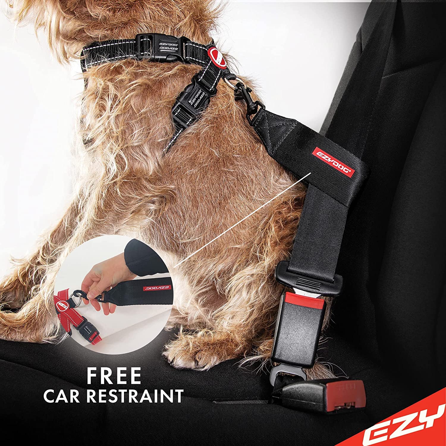 EzyDog car restraint included for safe travel with compatible seat belt setup
