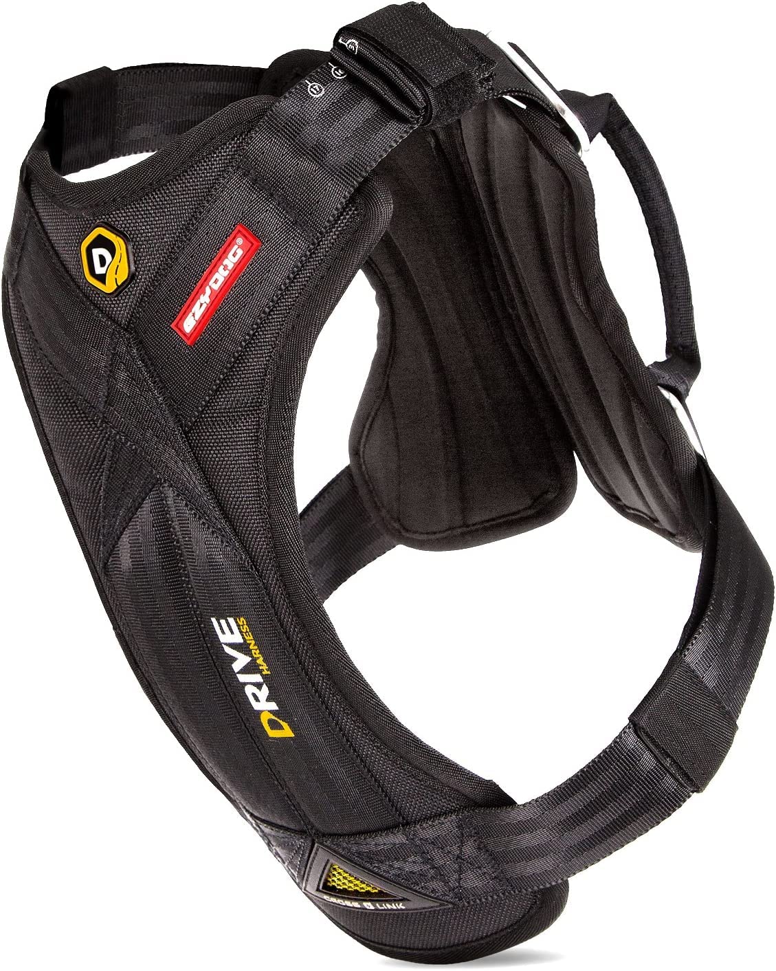 EzyDog Drive crash-tested harness shown for safe car travel and secure restraint.