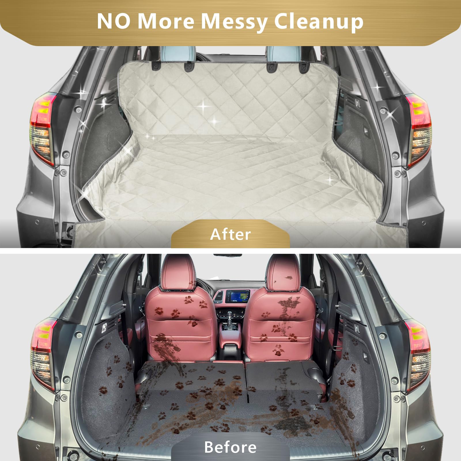 F-color SUV Cargo Liner beige water-resistant layer protecting seats from spills.