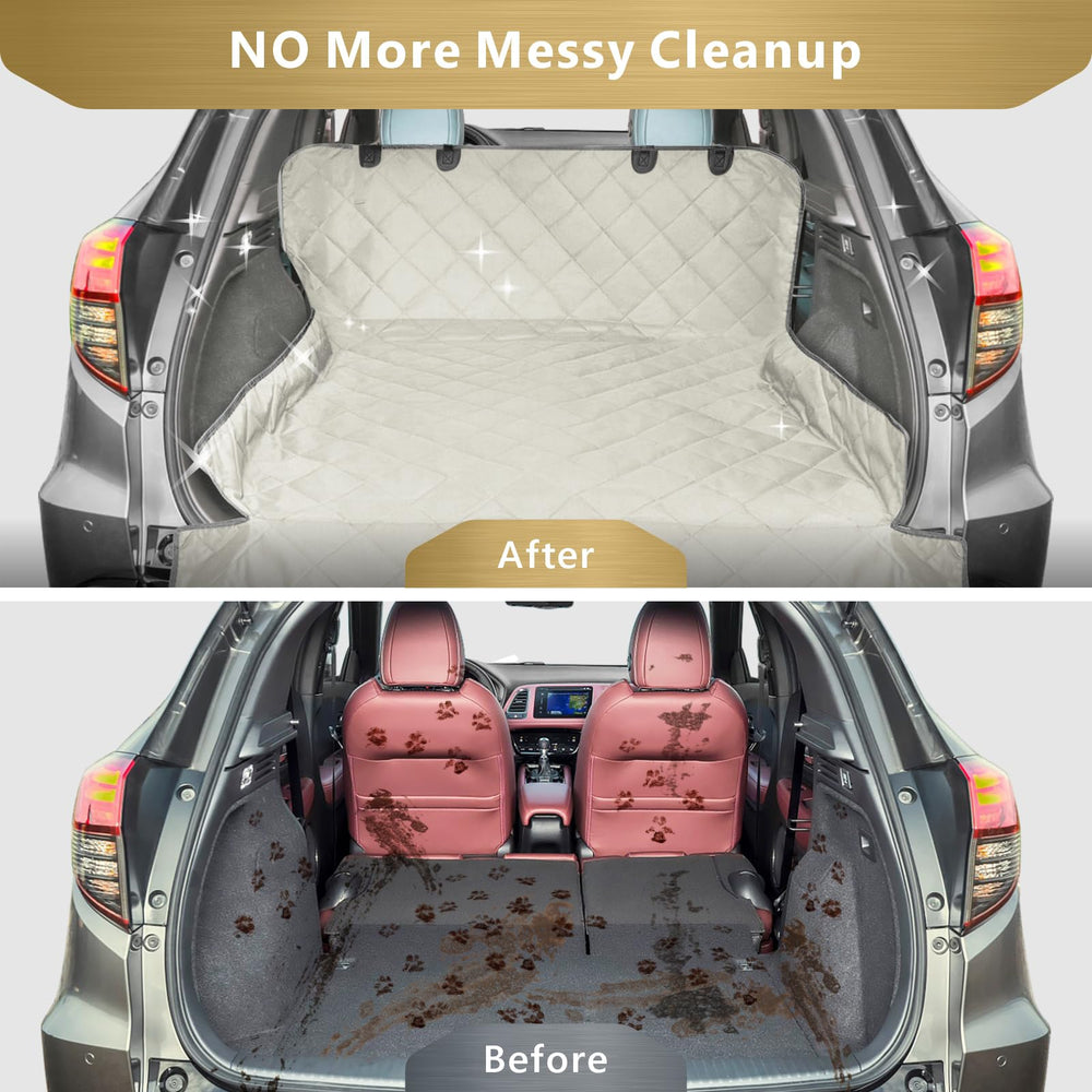 F-color SUV Cargo Liner beige water-resistant layer protecting seats from spills.