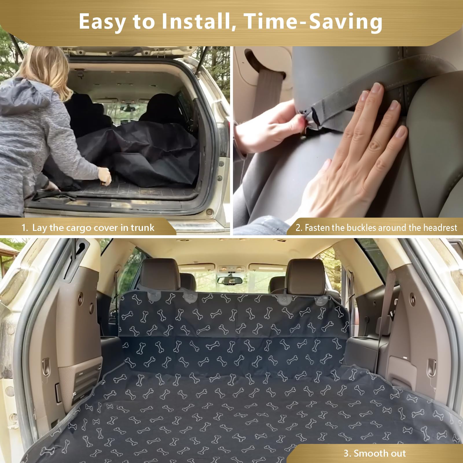 F-color SUV Cargo Liner dog-use-case illustration with pets enjoying a tidy ride.