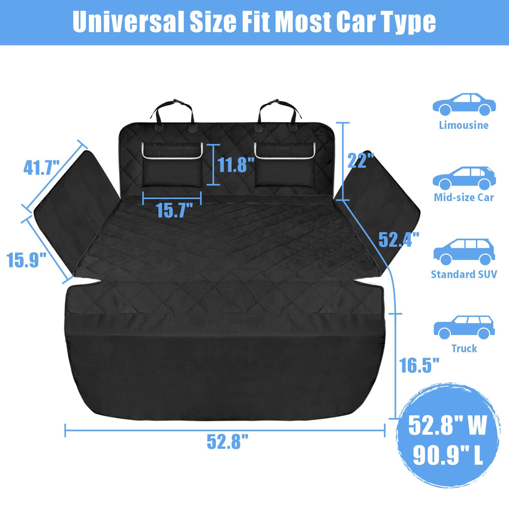 F-color cargo liner with side flaps shields vehicle walls from fur during trips.