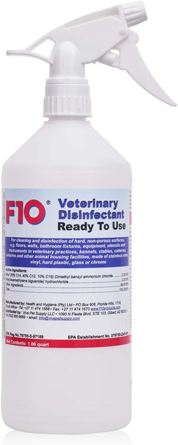 F10 disinfectant bottle shows ready-to-use formula for fast kennel cleaning