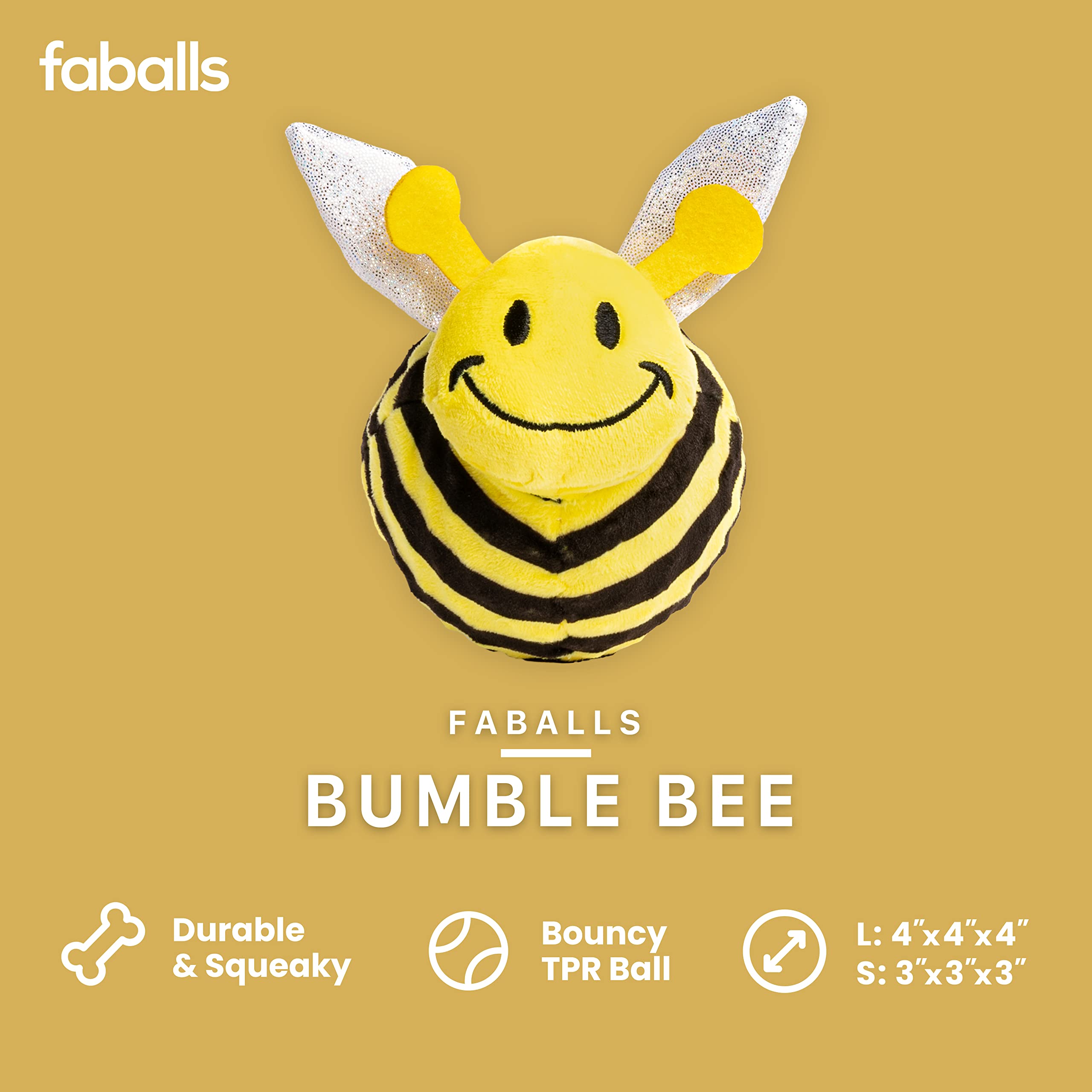 Fabdog Bumble Bee Faball closeup highlights colorful design and chew-friendly fabric.
