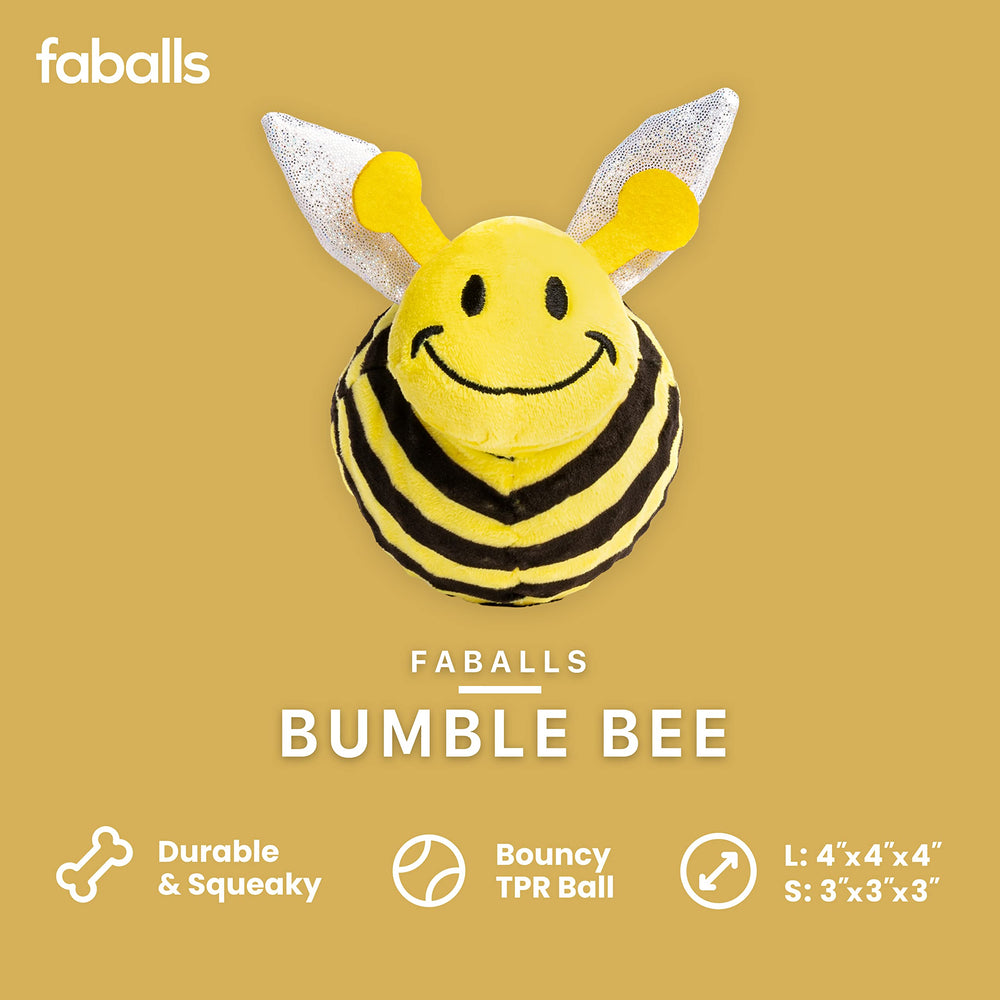 Fabdog Bumble Bee Faball closeup highlights colorful design and chew-friendly fabric.