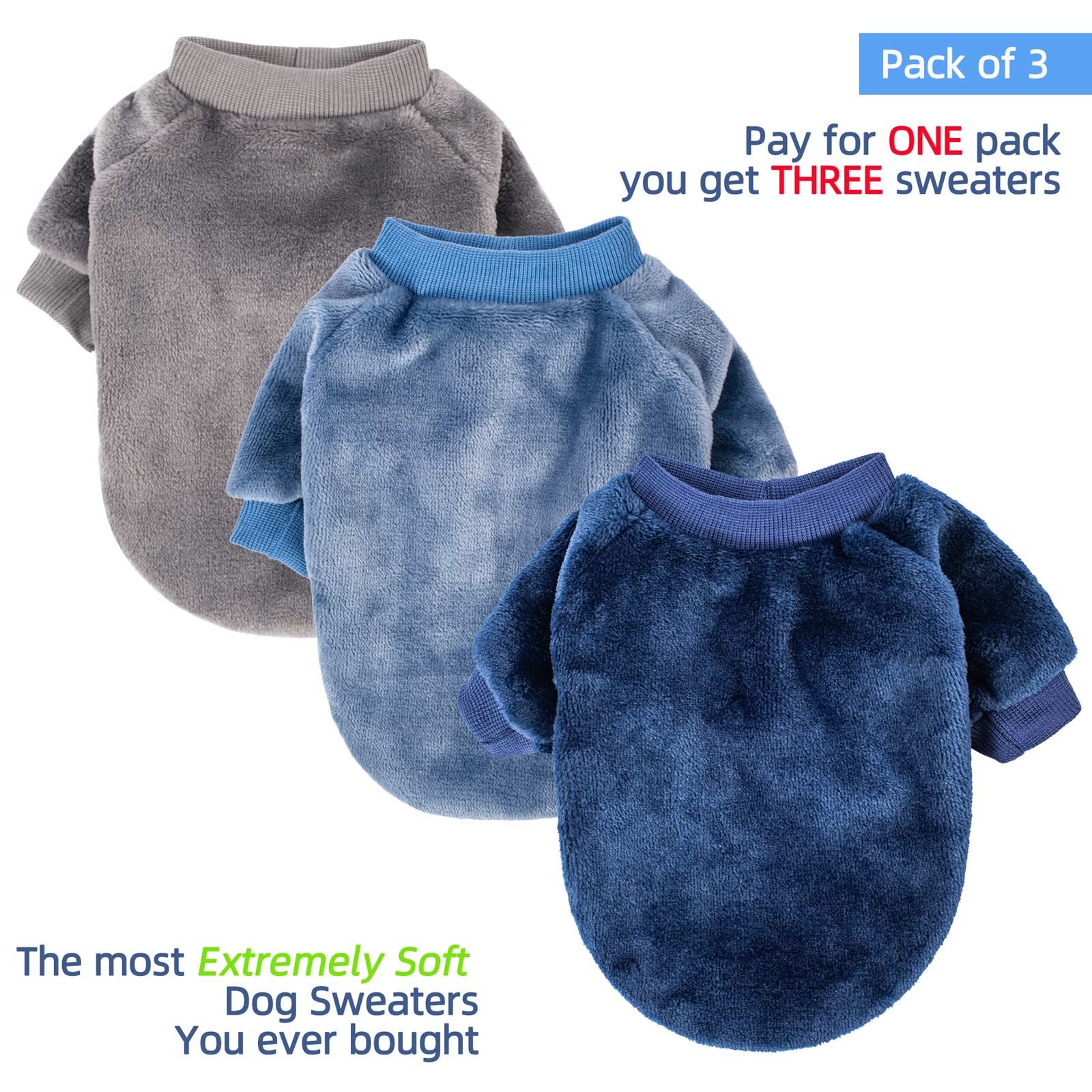FabriCastle small dog sweaters blue pack3 front view keeps pets comfortable in cold weather.