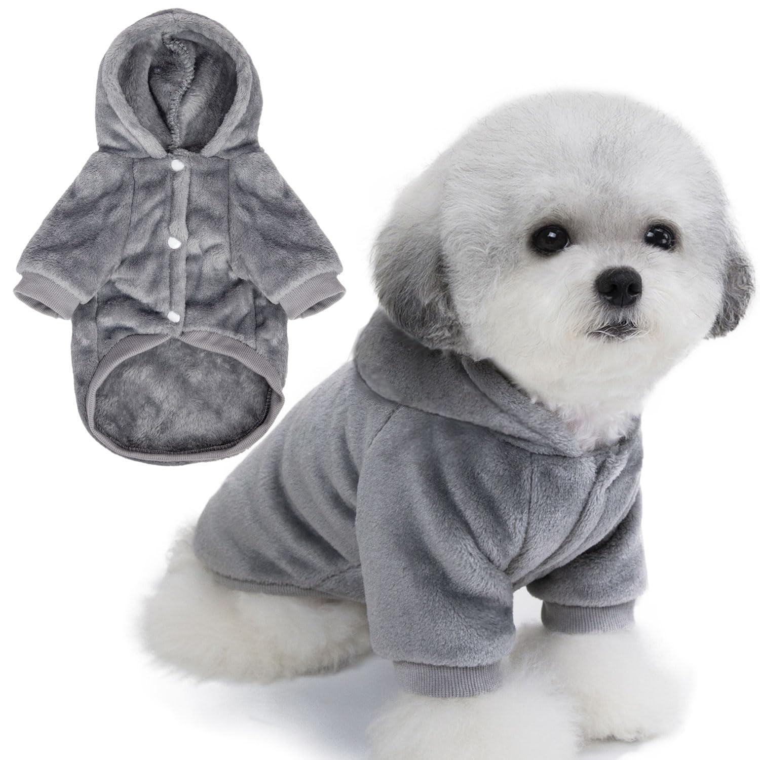 FABRICASTLE dog hoodie light grey front view, cozy warmth for small dogs on chilly days.