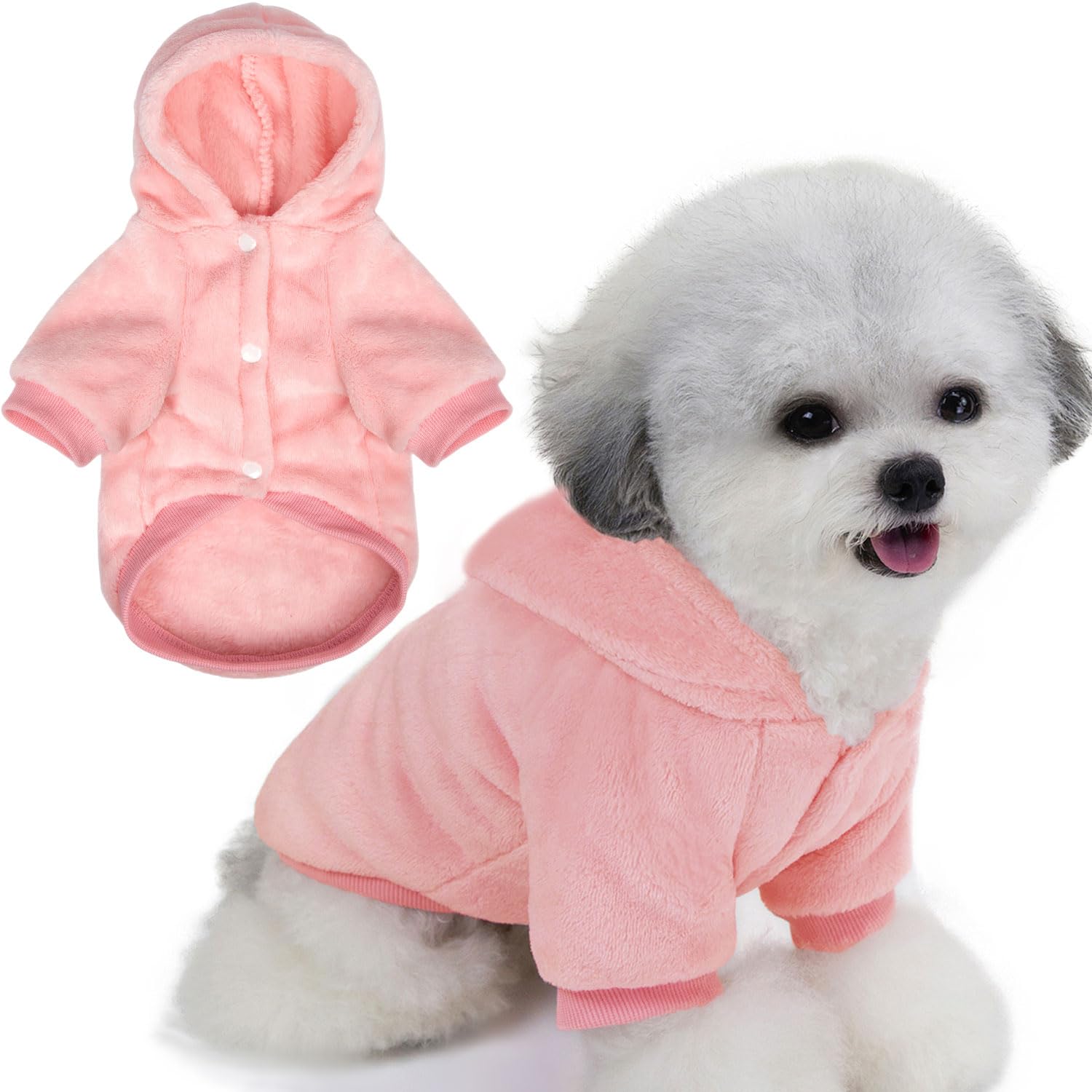 FABRICASTLE dog hoodie pink front view shows cozy warmth for small dogs.