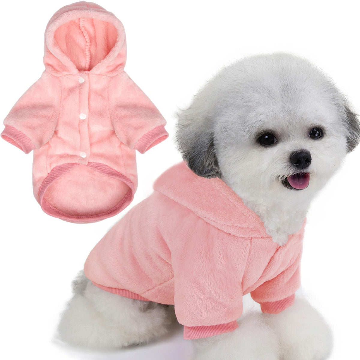 FABRICASTLE dog hoodie pink front view shows cozy warmth for small dogs.