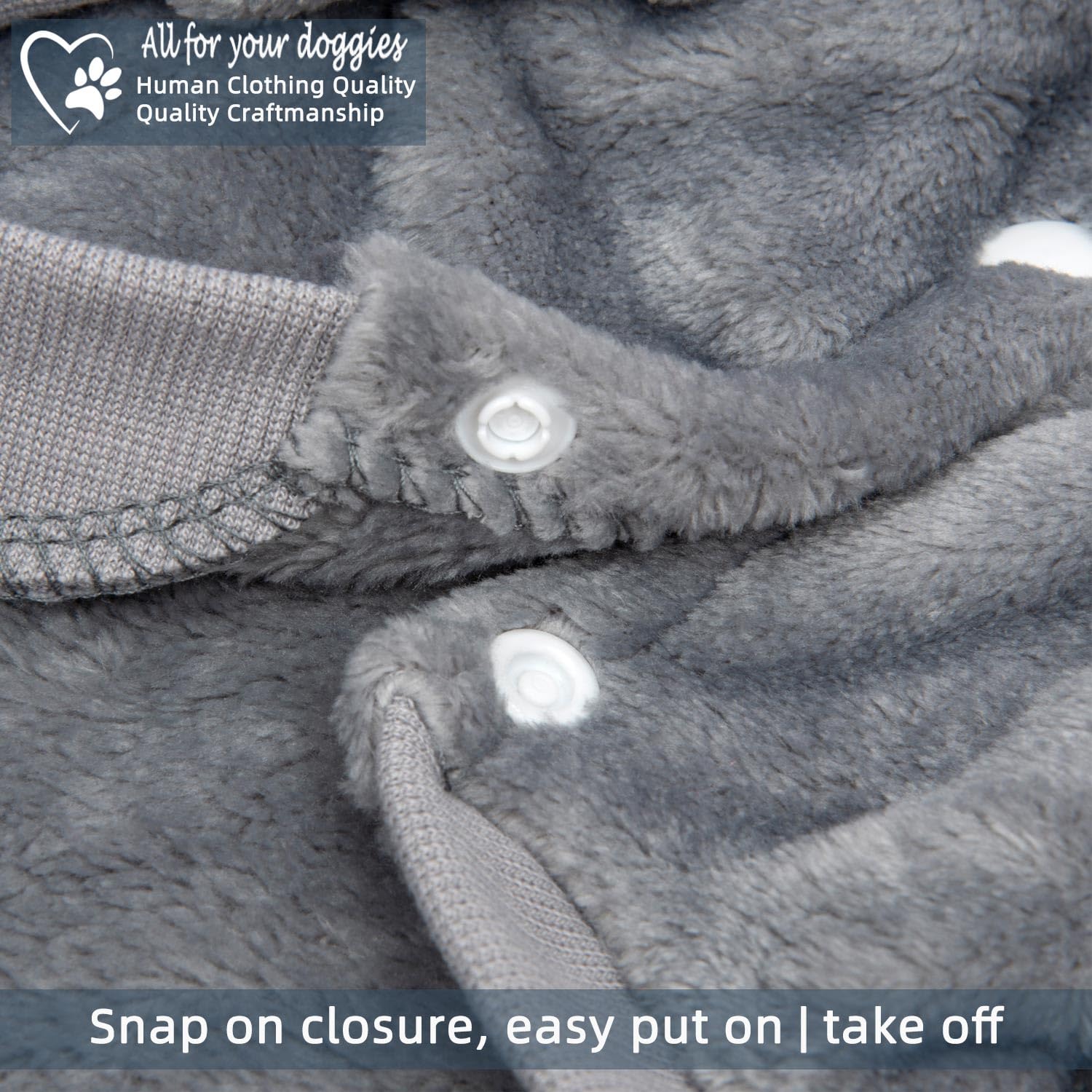 FABRICASTLE dog hoodie snap-closure close-up, easy on/off for active puppies.