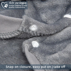 FABRICASTLE dog hoodie snap-closure close-up, easy on/off for active puppies.