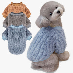 FabricCastle dog sweater blue close-up shows ultra-soft fleece warmth for small dogs.