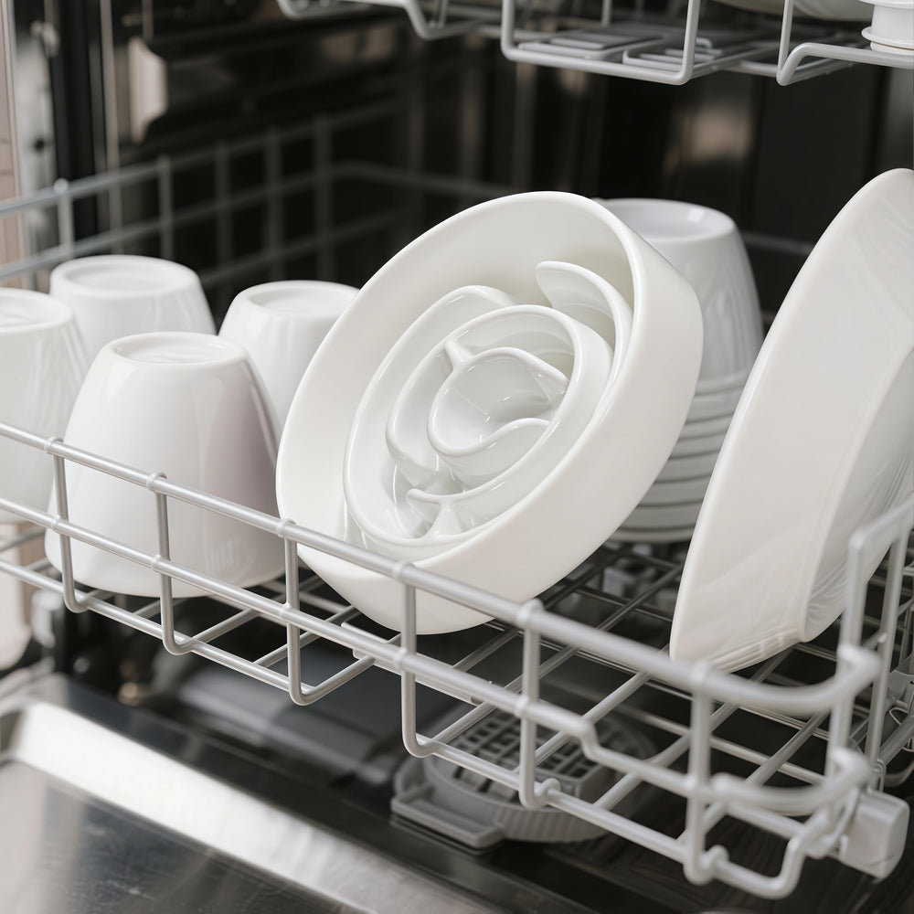 Facdiary ceramic white slow-feeder bowl demonstrated as dishwasher-safe for easy cleanup.