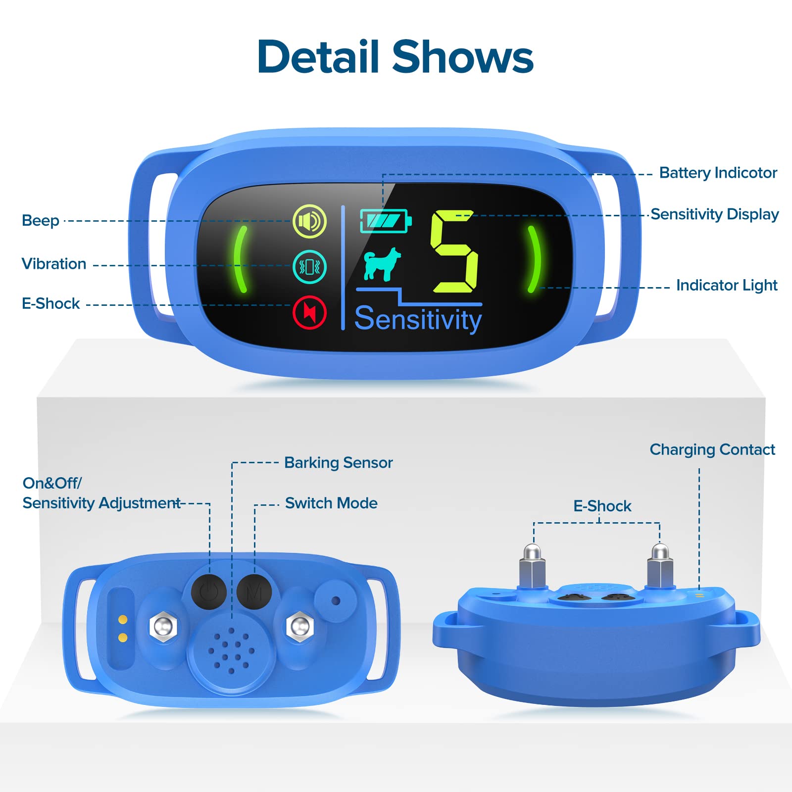 FAFAFROG Bark Collar blue on dog's neck enabling humane behavior control