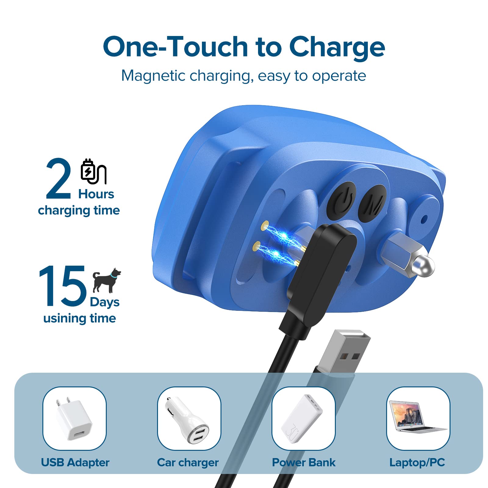 FAFAFROG Bark Collar blue smart display shows power and mode status for clarity