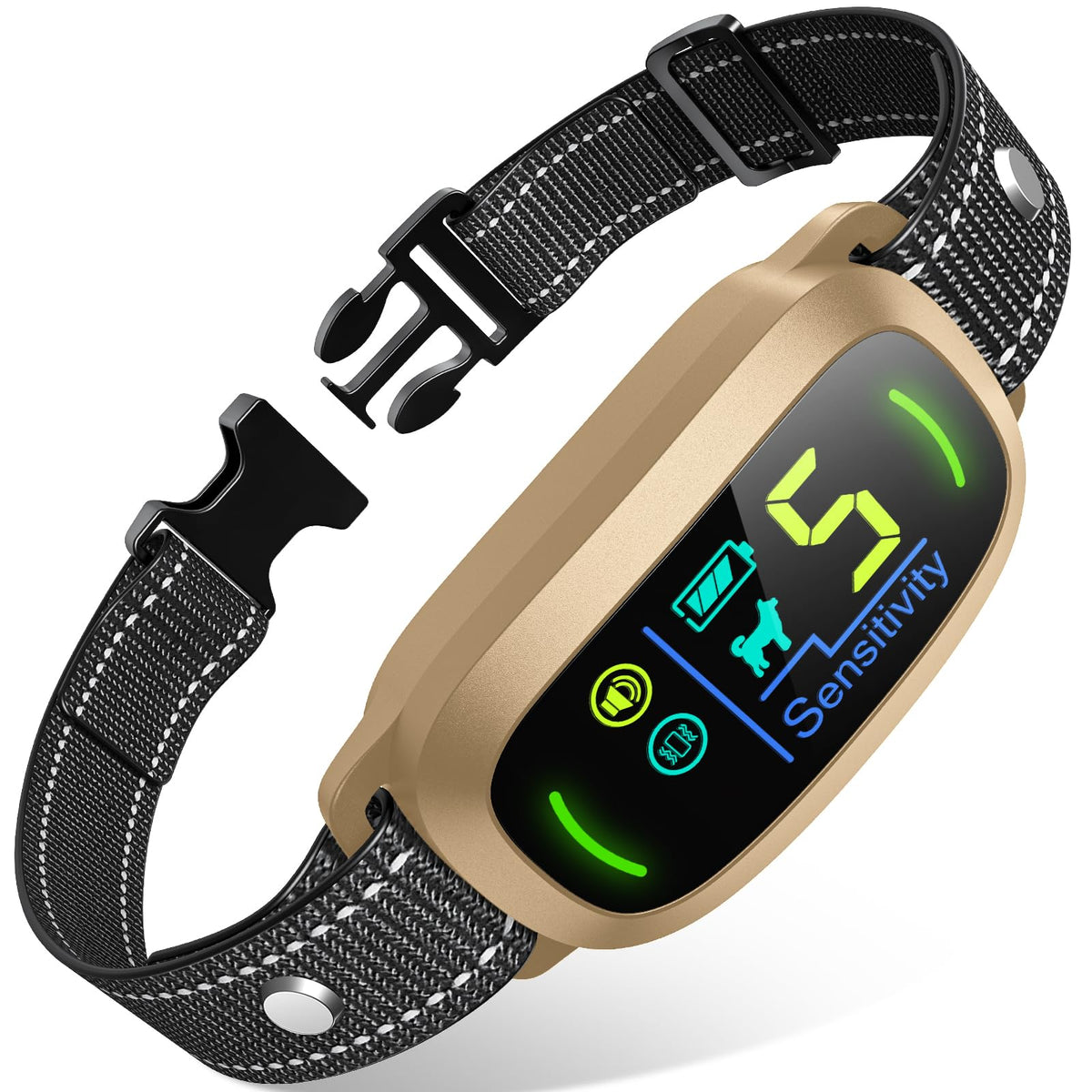 FAFAFROG bark collar gold front view shows training reminder