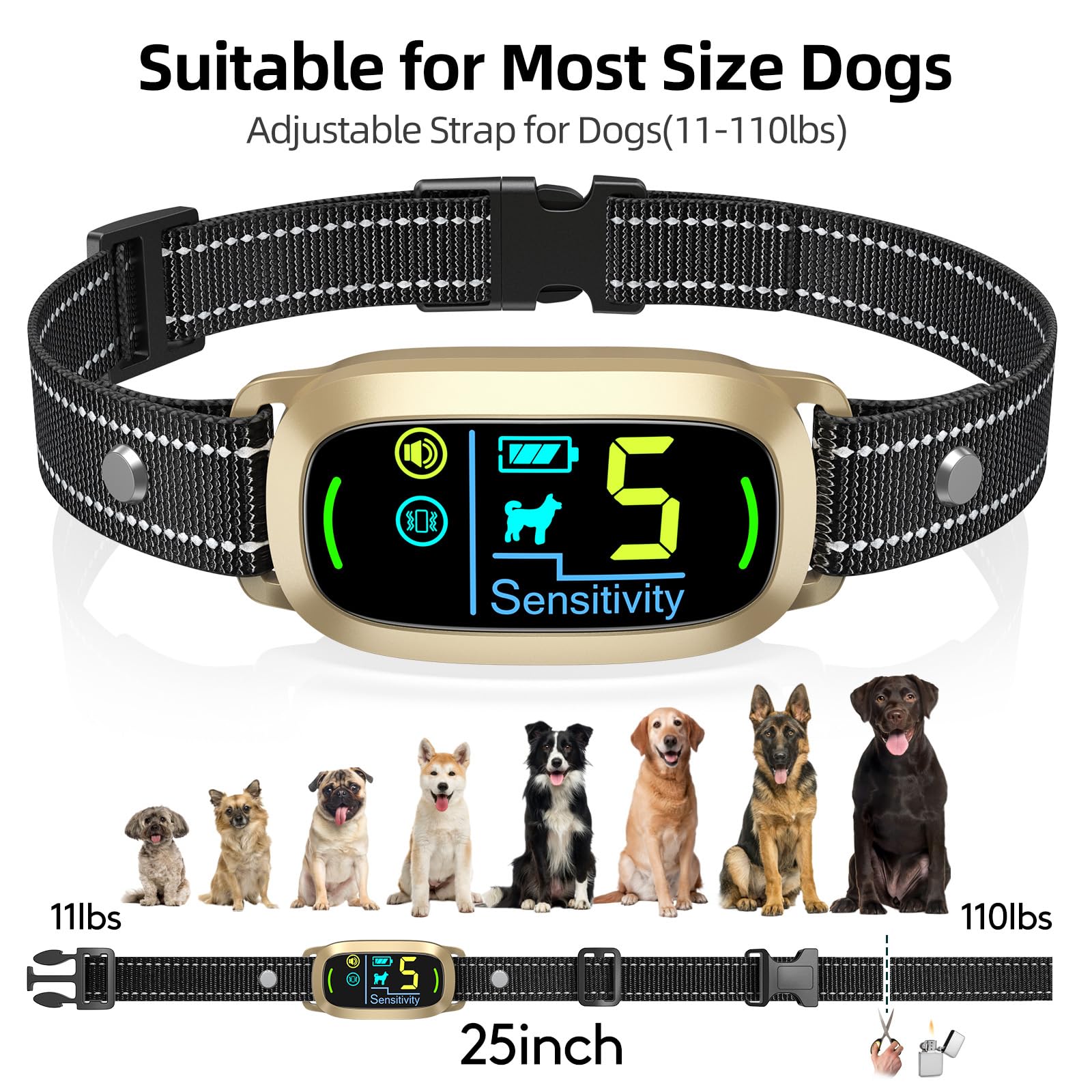 FAFAFROG bark collar gold neck-size range illustration shows versatile fit