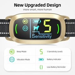FAFAFROG bark collar gold side view highlights easy resizing for growing dogs
