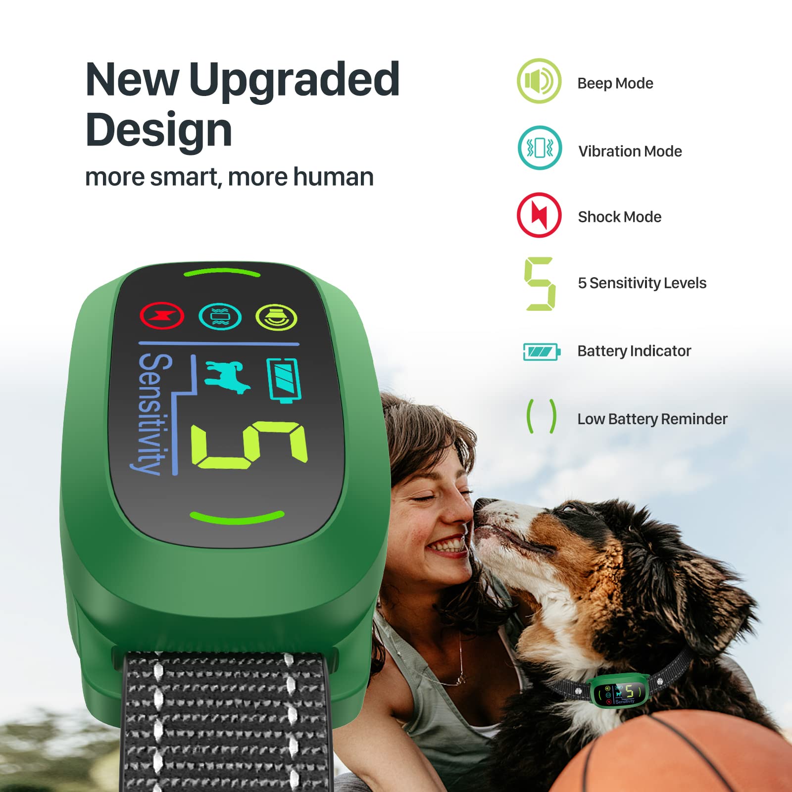 FAFAFROG Bark Collar display-lit panel communicates status and power for quick checks