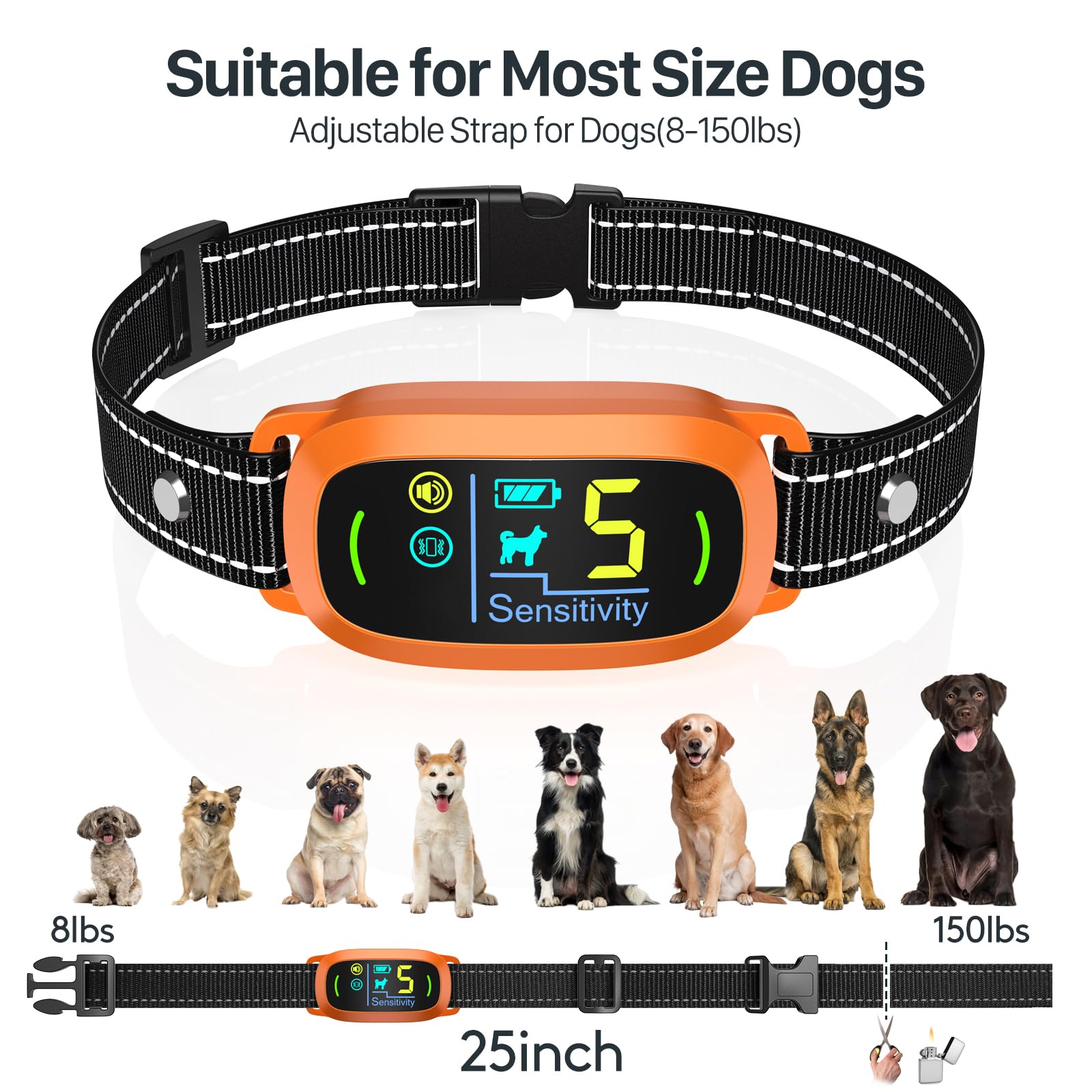 FAFAFROG bark collar size range fits 8 to 25 inch necks and 8 to 150 lb dogs