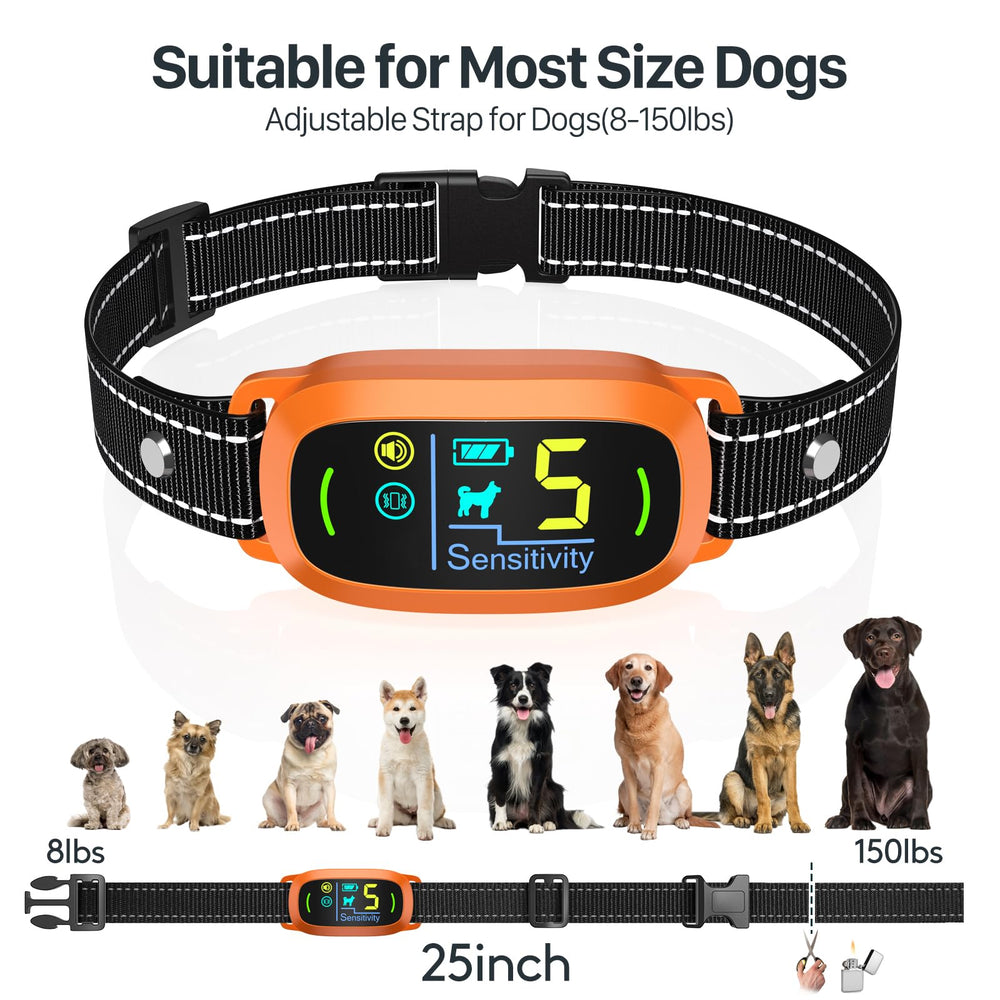 FAFAFROG bark collar size range fits 8 to 25 inch necks and 8 to 150 lb dogs