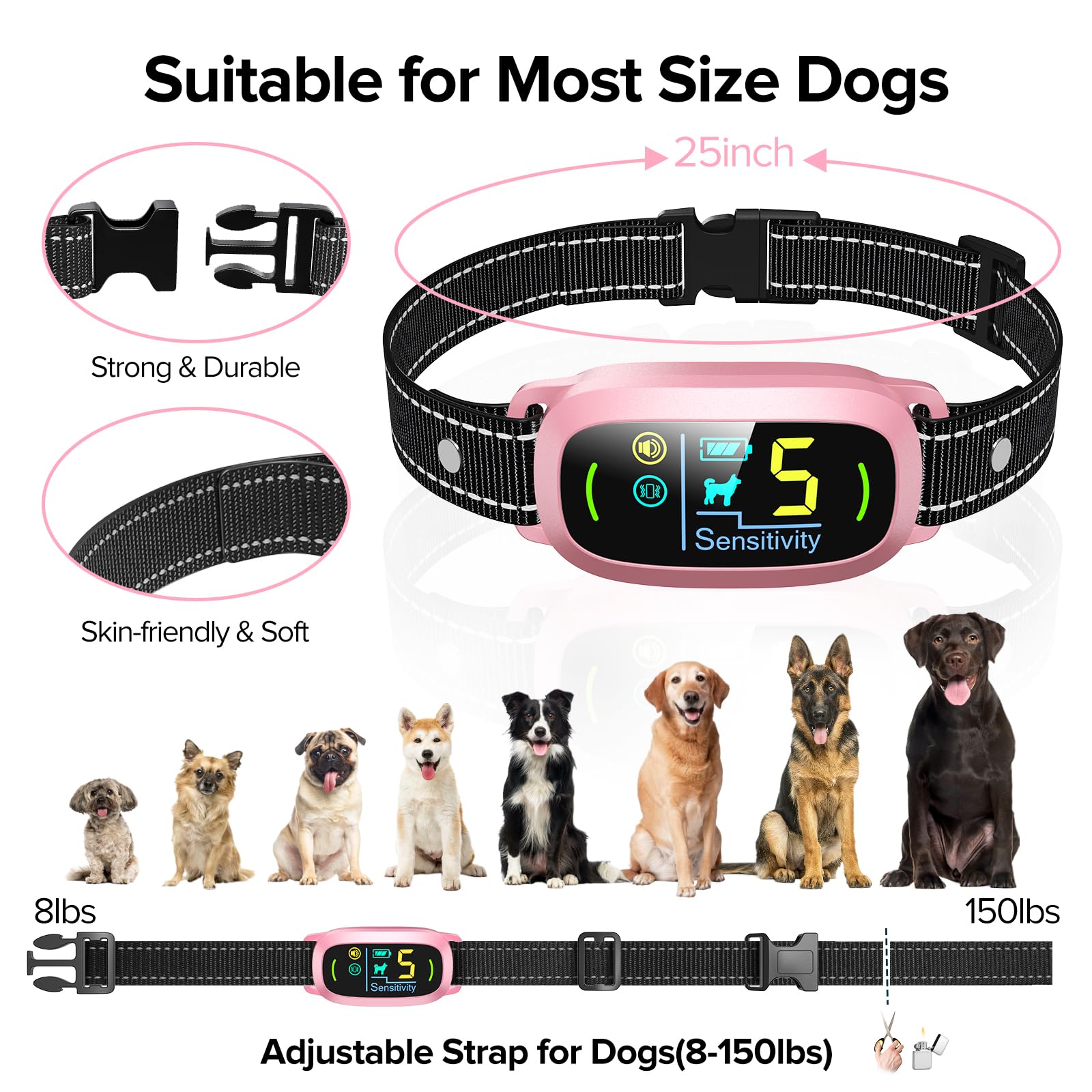 FAFAFROG dog bark collar pink fits dogs 8–120 lbs for growing pets