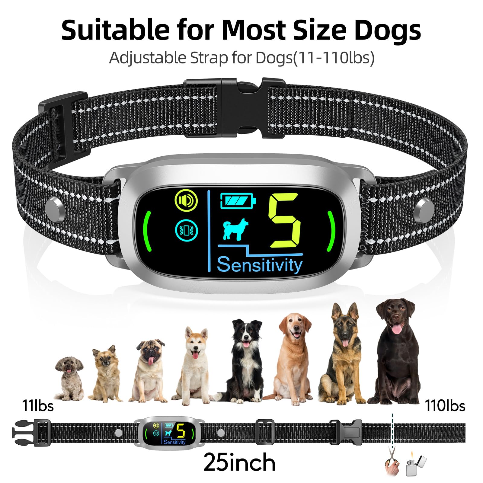 FAFAFROG bark collar silver adjustable neck fits dogs from 8 to 25 inches