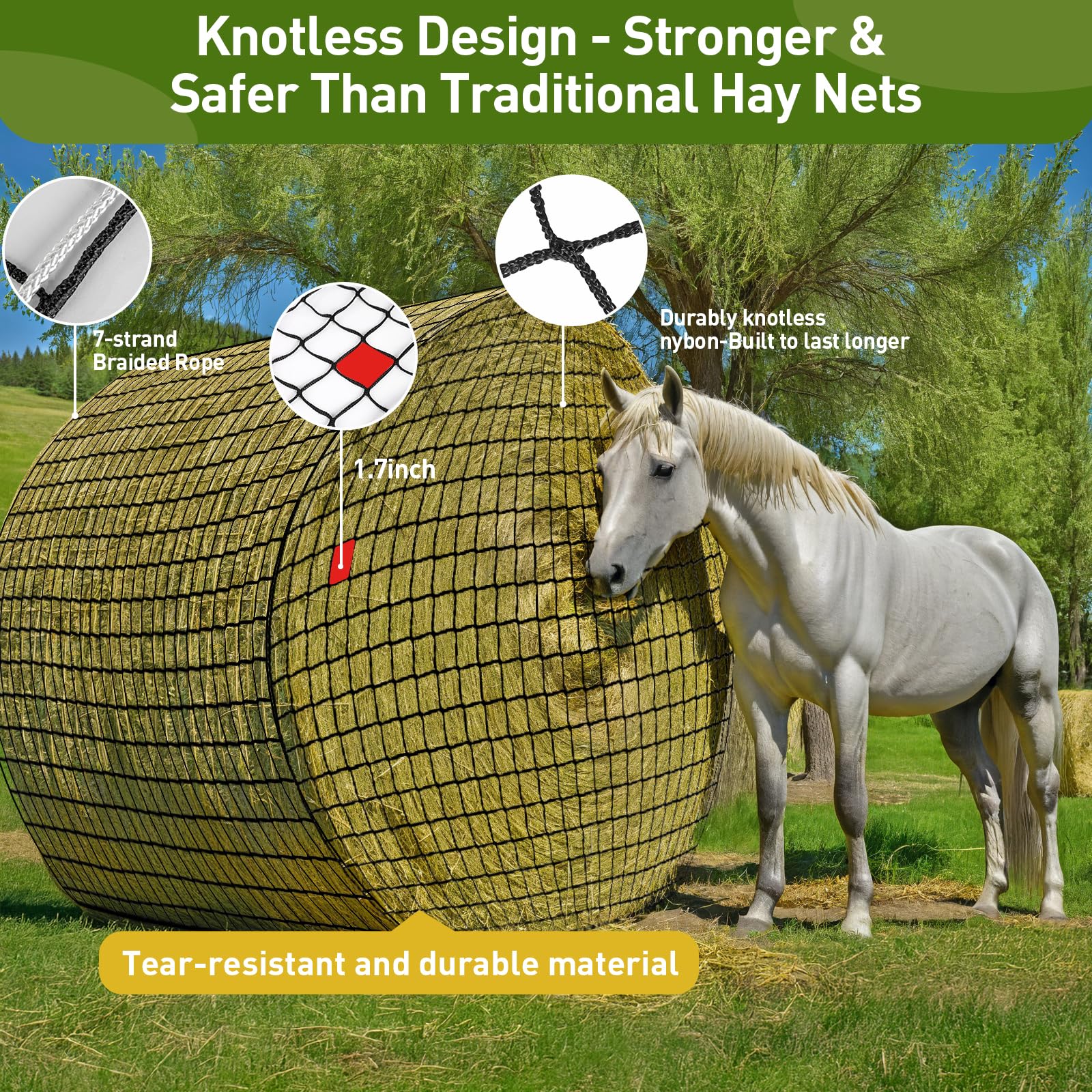 Fahnemt hay net easy-install pull-on design for quick setup.