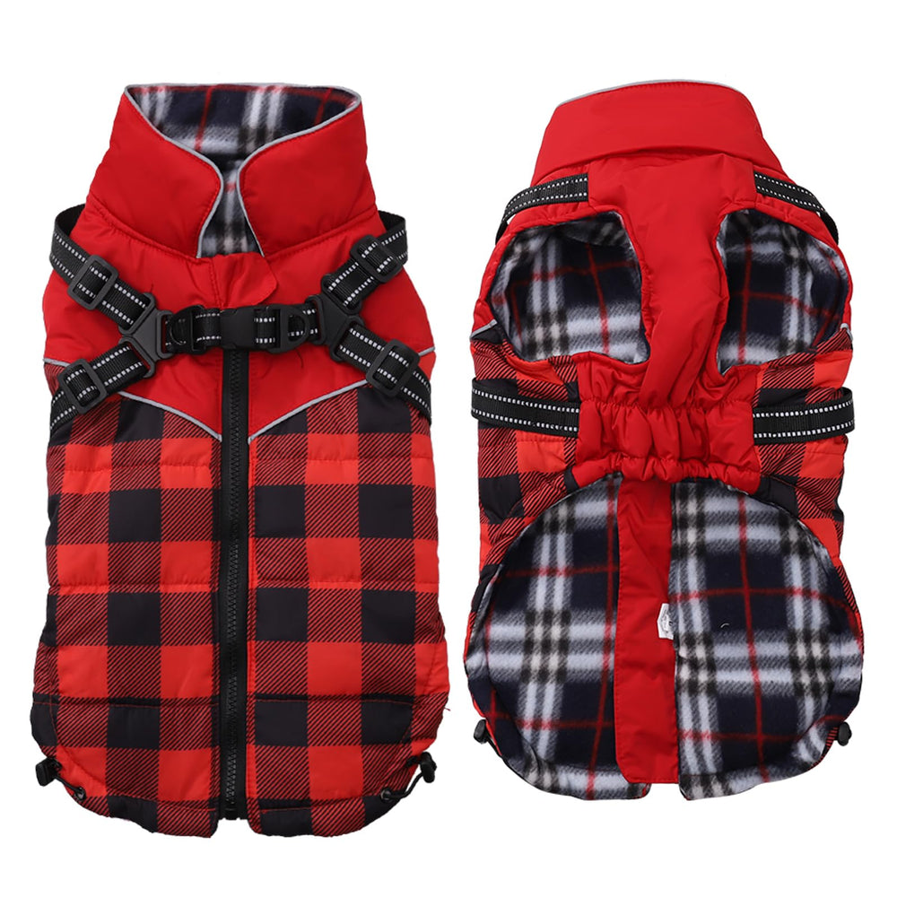 Faihats dog coat with harness plaidred x-large front view showing waterproof warmth.