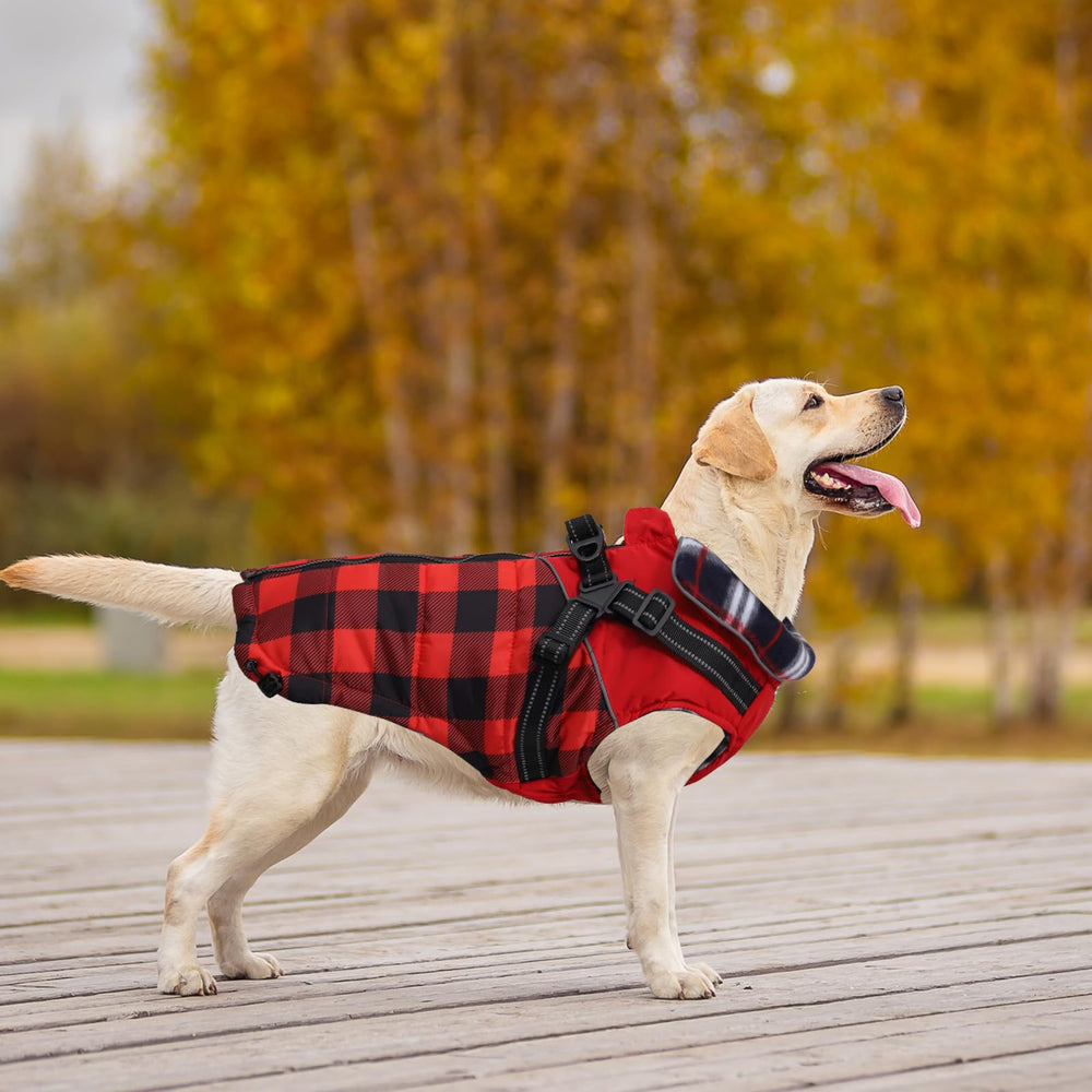 Faihats dog coat with harness plaidred x-large machine washable tag and fabric.