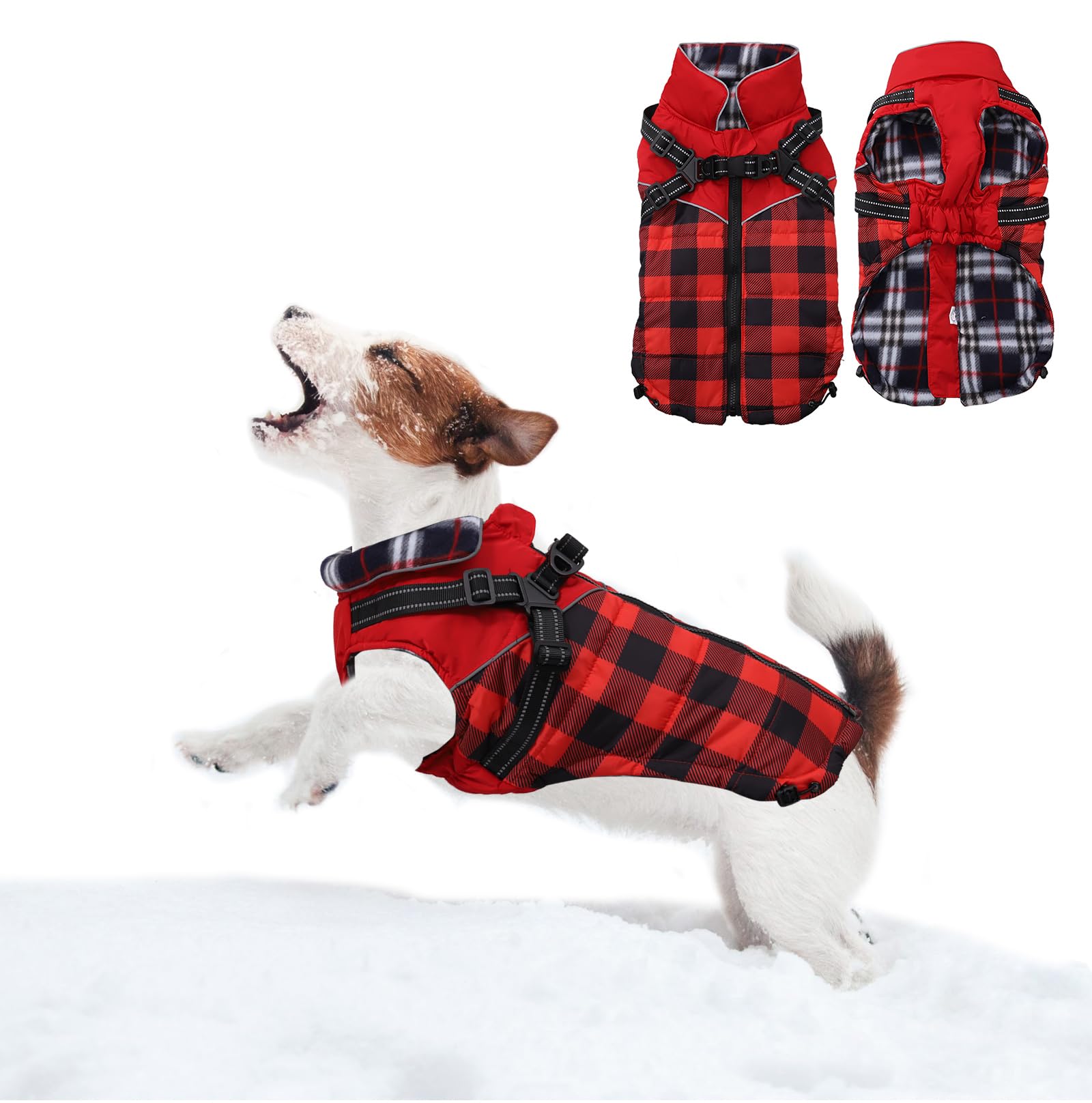 Faihats dog coat plaid red front view shows built-in harness for simple leash use.