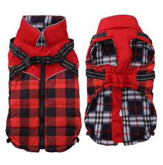 Faihats dog coat plaid red harness close-up highlights durable D-ring attachment.