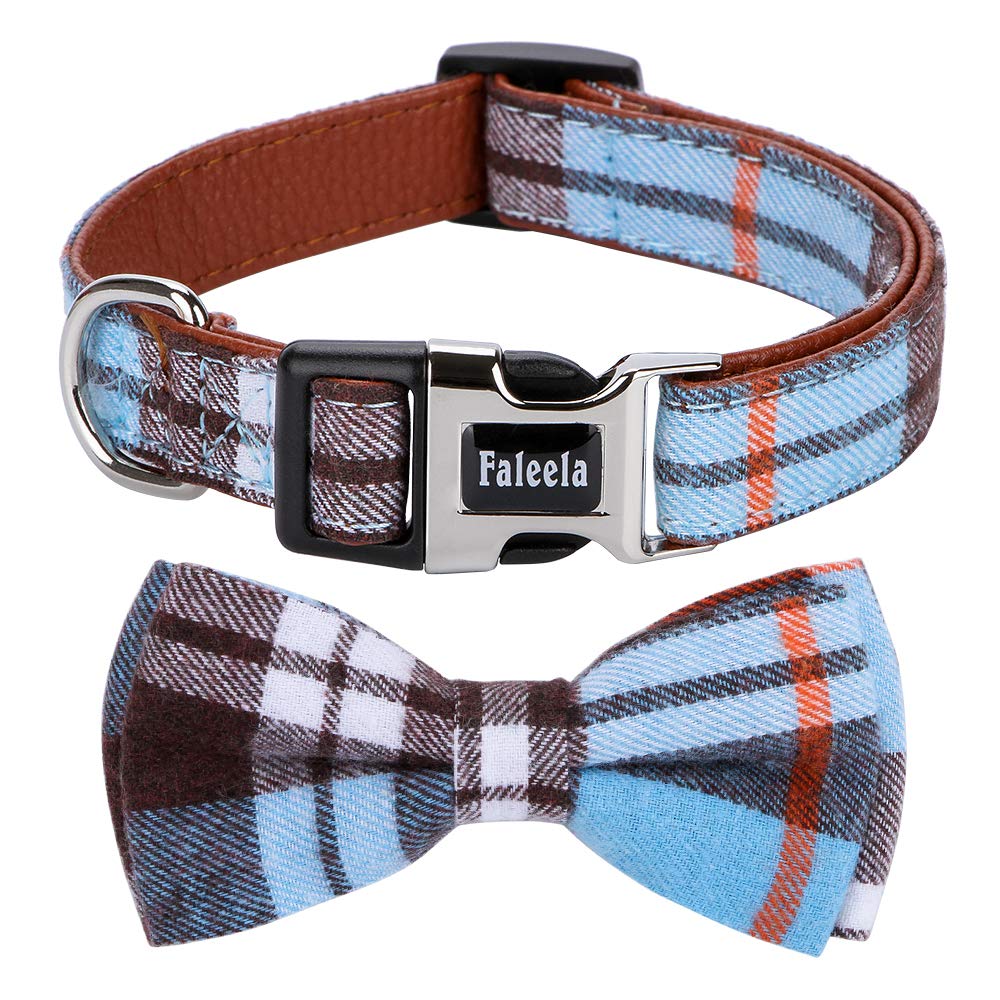 Faleela bowtie dog collar blue side view for stylish daily wear.