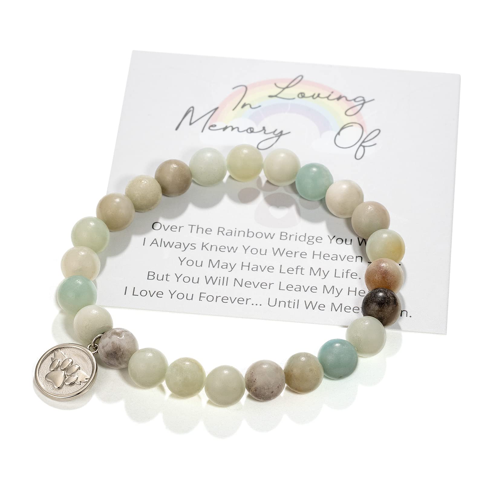 Famdecor Rainbow Bridge bracelet on wrist, offering a comforting memorial moment for grieving pet owners.