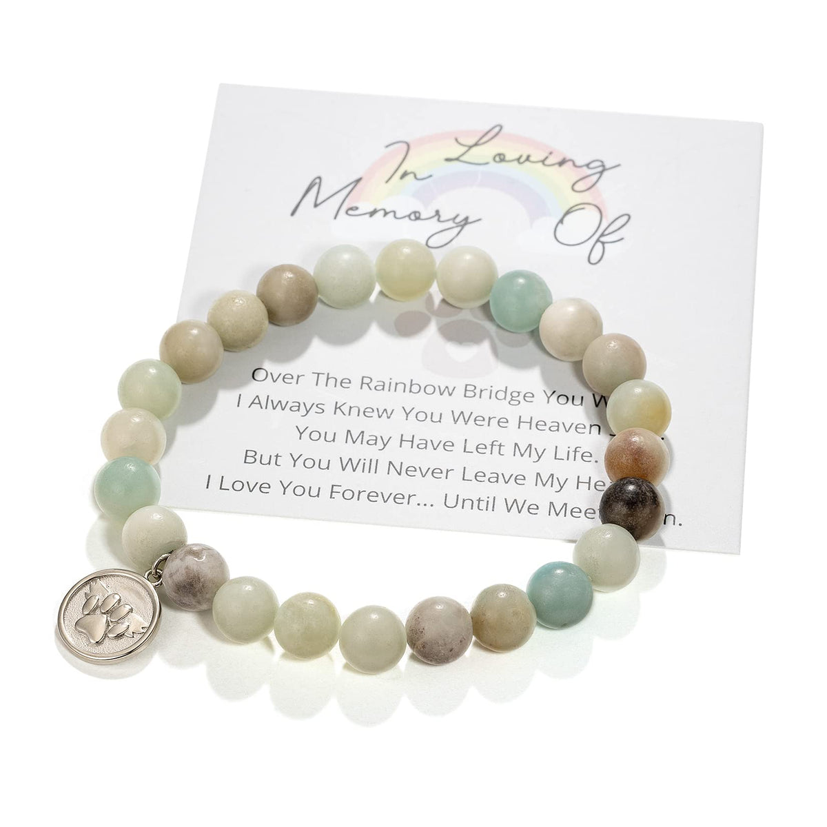 Famdecor Rainbow Bridge bracelet on wrist, offering a comforting memorial moment for grieving pet owners.