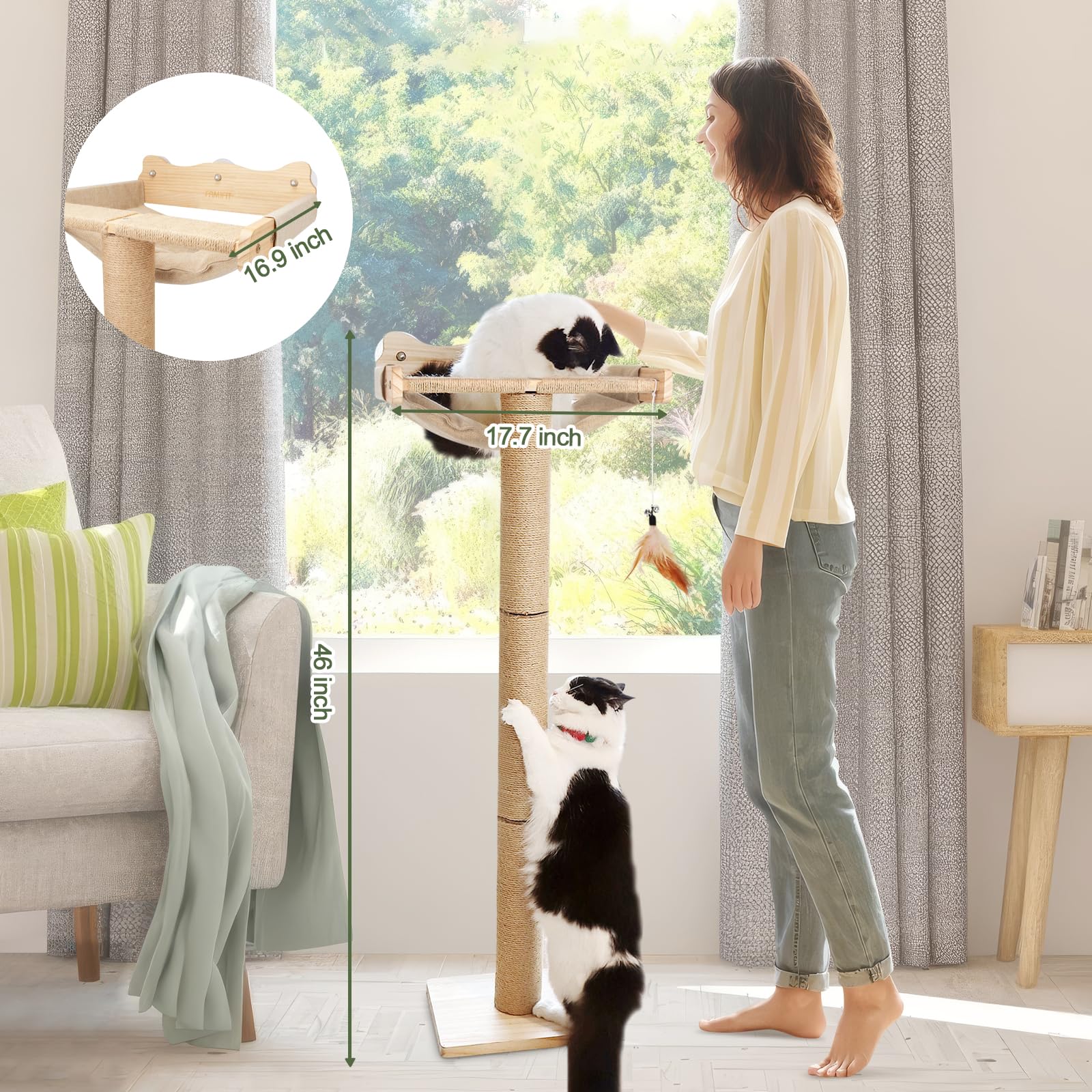 Famifit cat window perch height-adjustable posts allow versatile climbing levels.