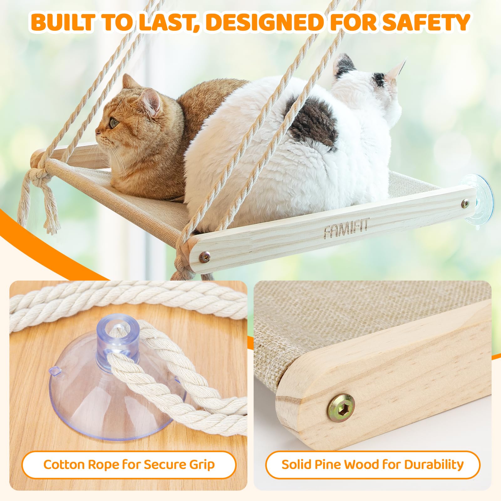Famifit Cat Window Perch suction cups closeup demonstrates secure, drilling-free attachment
