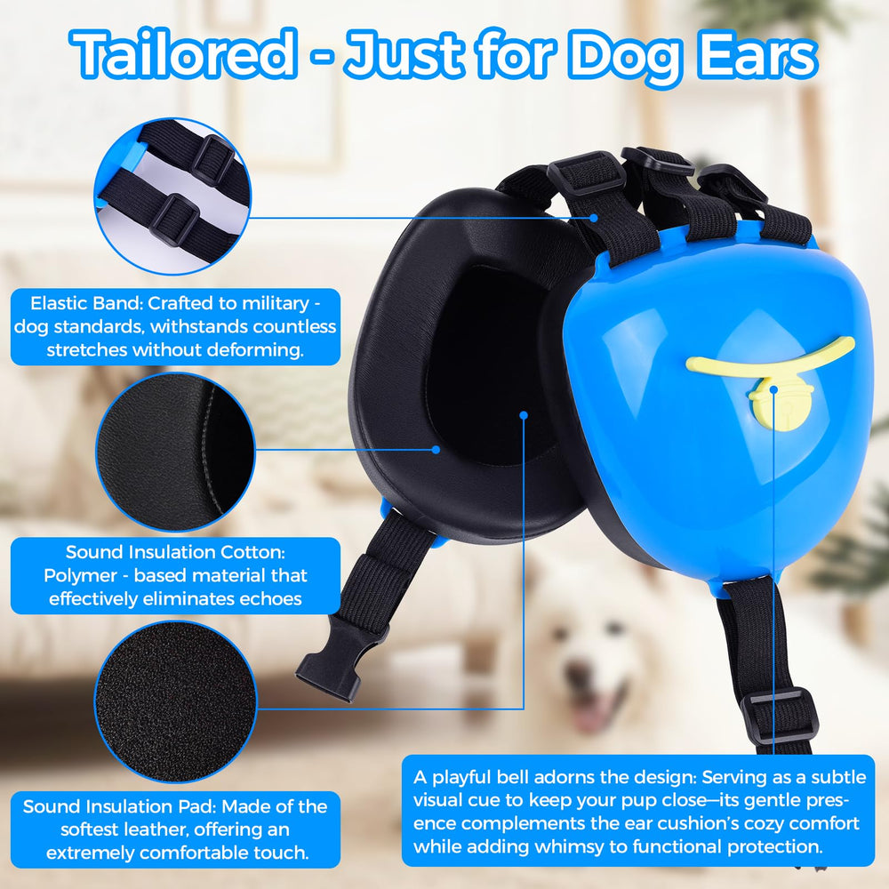 Famikako dog ear muffs blue side view with adjustable band for secure wear.