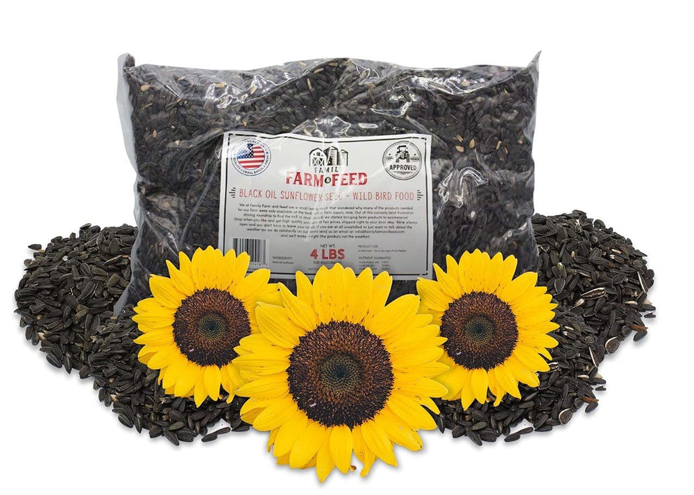 Family Farm and Feed Four Season black oil sunflower seed packaging close-up showing quantity and freshness
