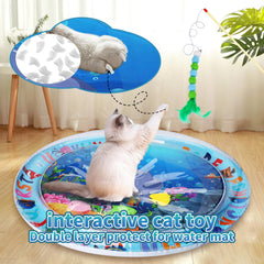 FAMOPLAY Cat Water Mat features wand toy for active chasing and interaction.