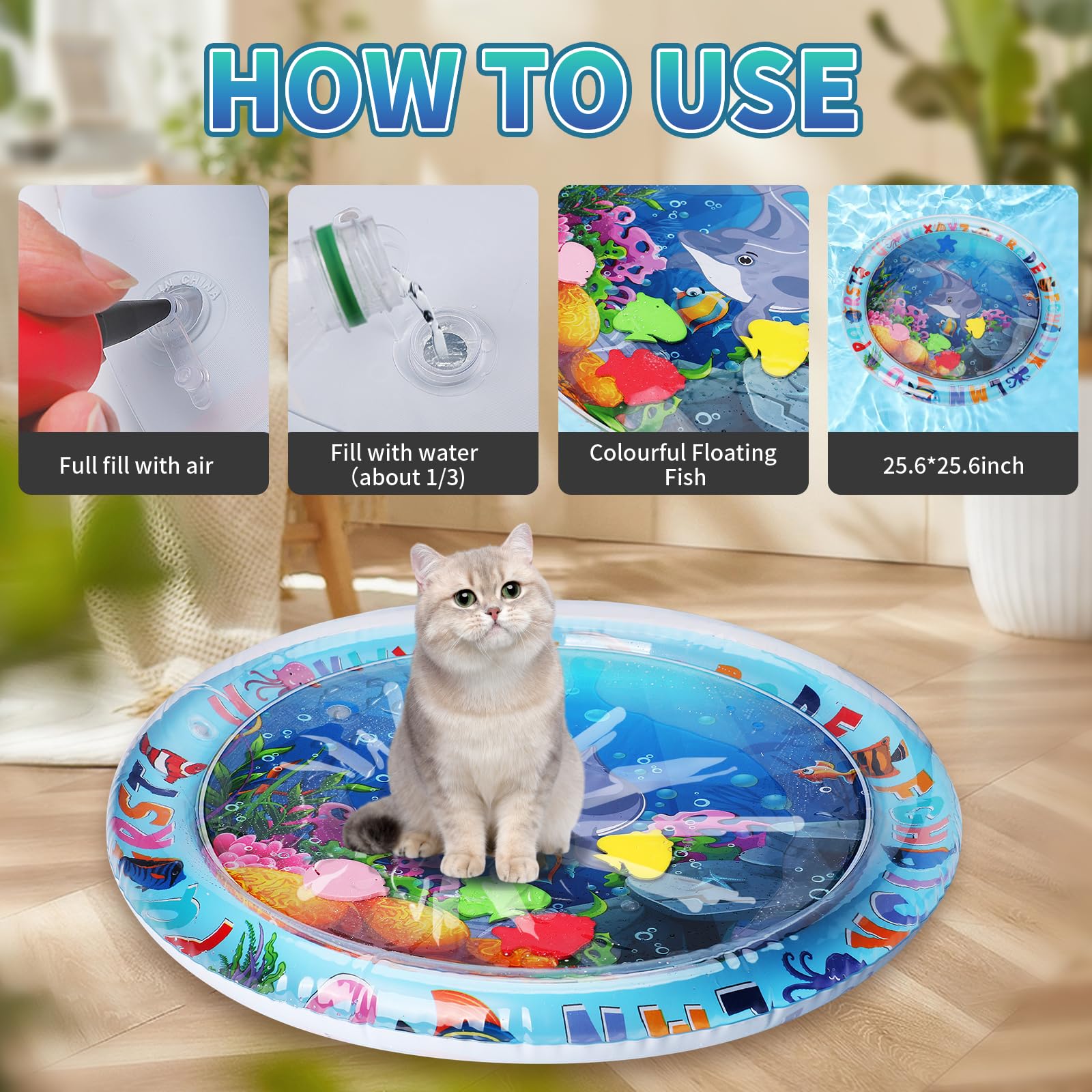 FAMOPLAY Cat Water Mat in a colorful ocean theme stimulates indoor cats.