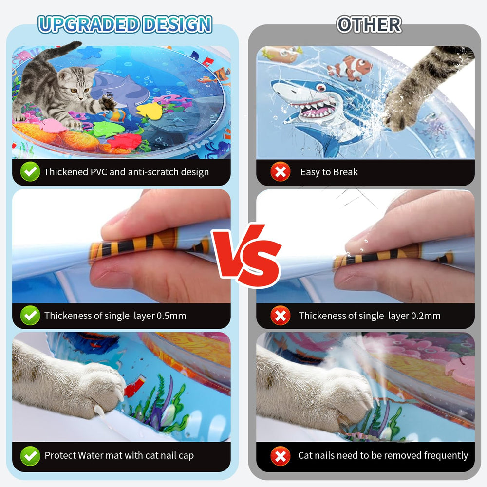 FAMOPLAY Cat Water Mat shows nail caps protecting paws during play.