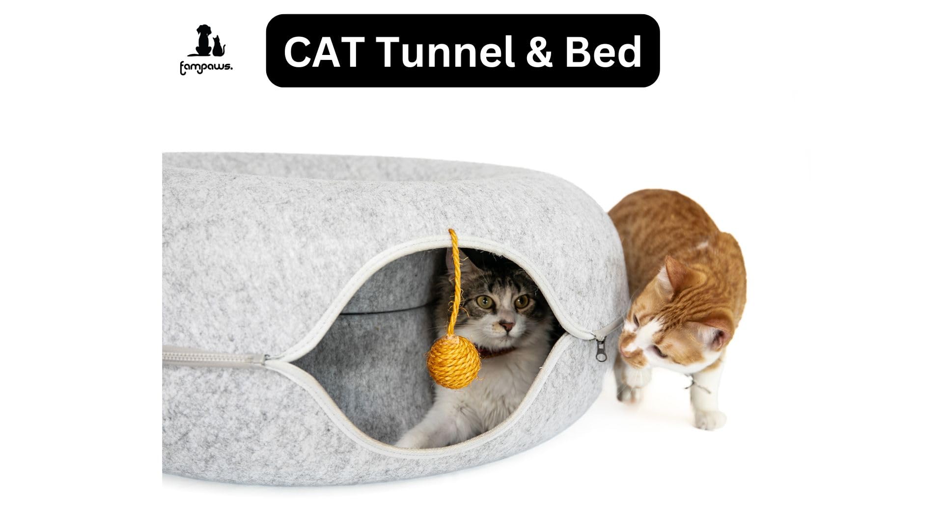 FAMPAWS cat tunnel bed assembly shown for easy setup and cozy burrow-style resting.