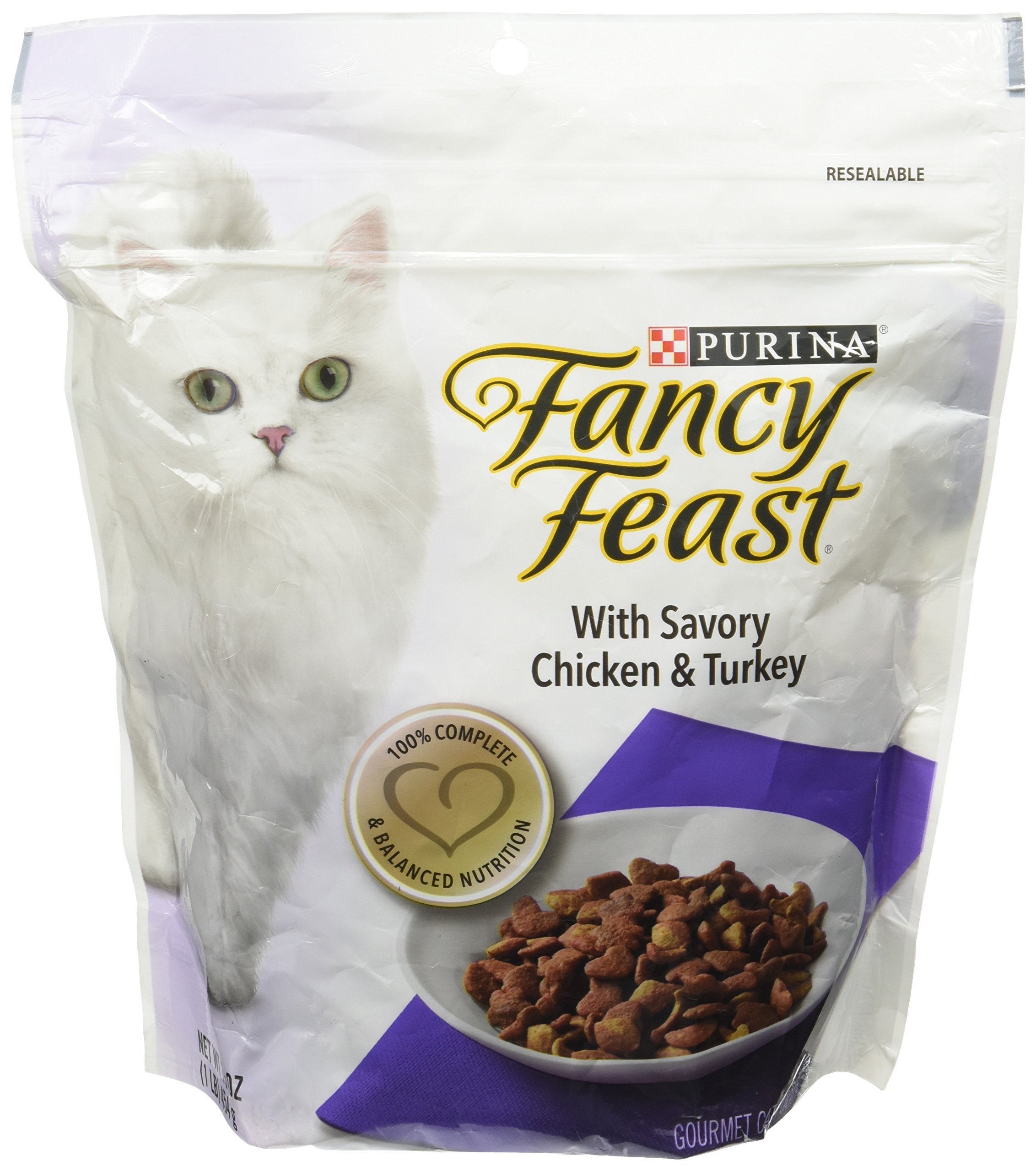 Fancy Feast Cats Gourmet savory chicken-turkey kibble in a bowl supports an active cat lifestyle.