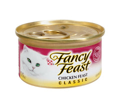 Fancy Feast Chicken Feast Gourmet Cat Food 24-pack shown for convenient, ready-to-serve meals.