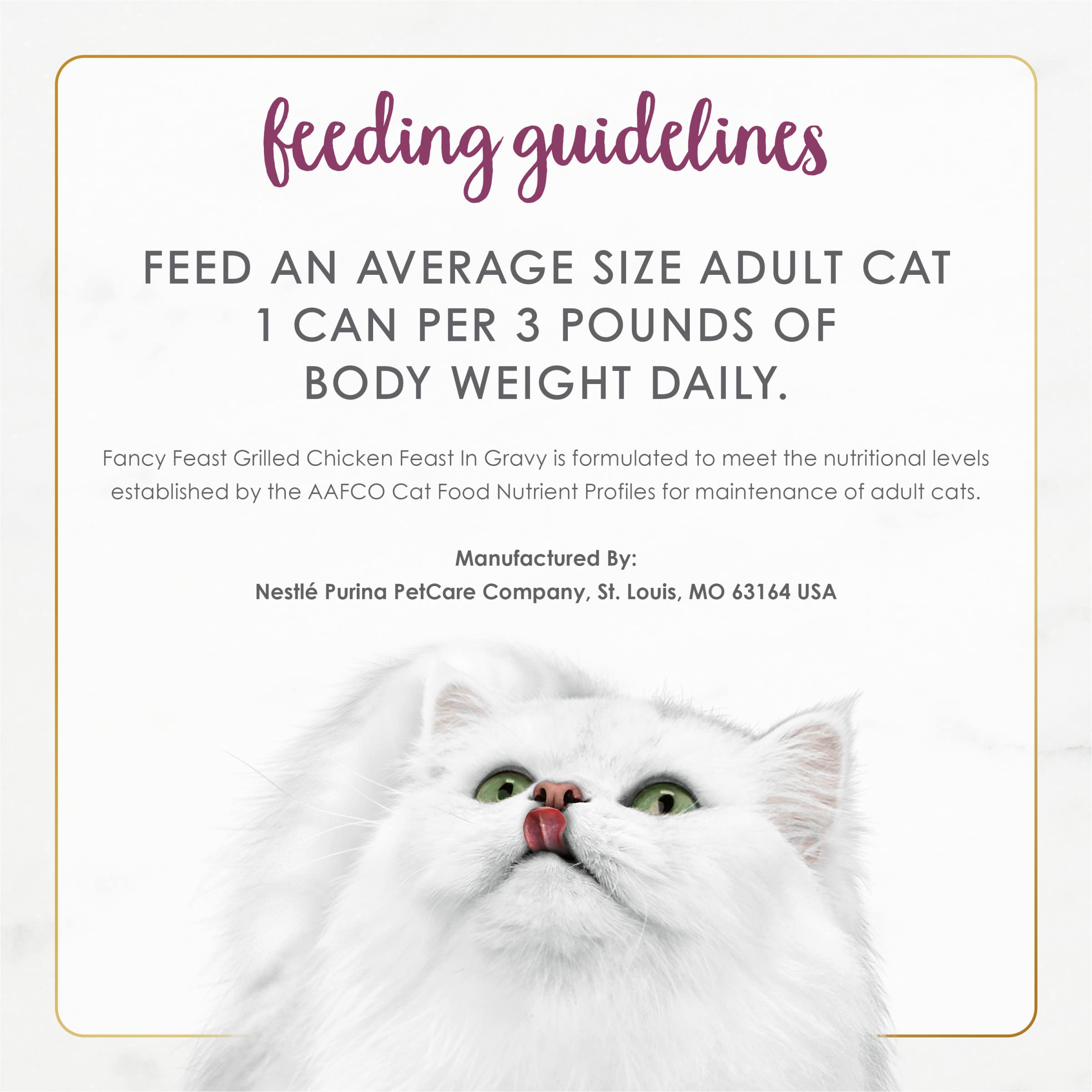 Fancy Feast Chicken Feast ingredients — real chicken and gravy highlighted.