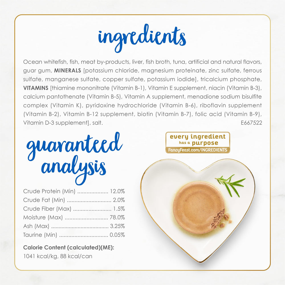 Fancy Feast grain-free label on can emphasizing quality ingredients.