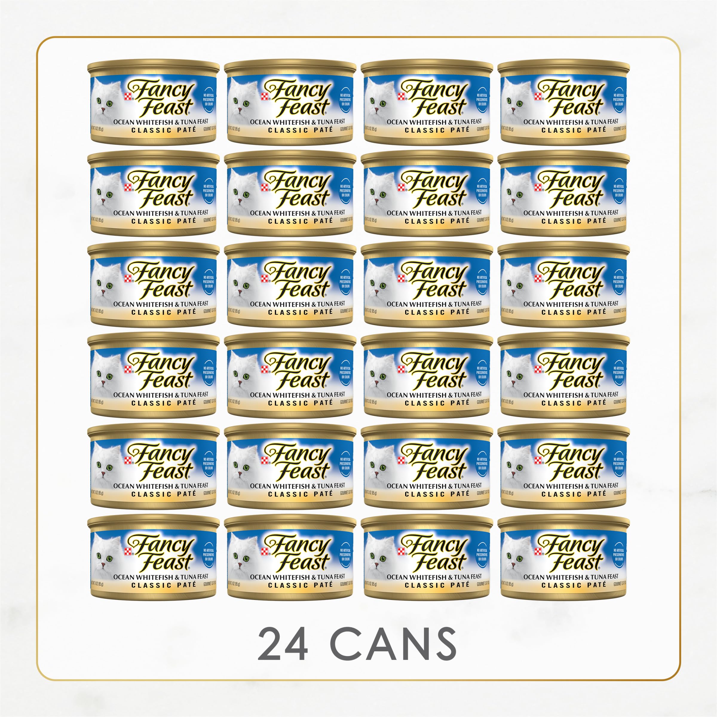 Fancy Feast Classic Pate grain-free wet cat food texture shown.